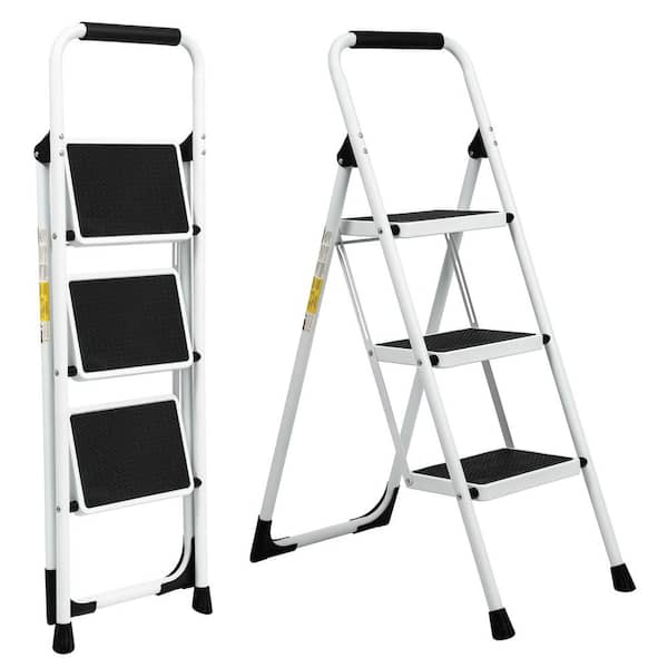 White 3.4 ft. Reach 3-Step Iron Ladder Foldable Non-Slip Outdoor Ladder Loading 500 lbs. for Home Kitchen, Office