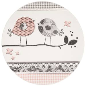 Carousel Kids Pink/Ivory 4 ft. x 4 ft. Floral Animal Print Round Area Rug