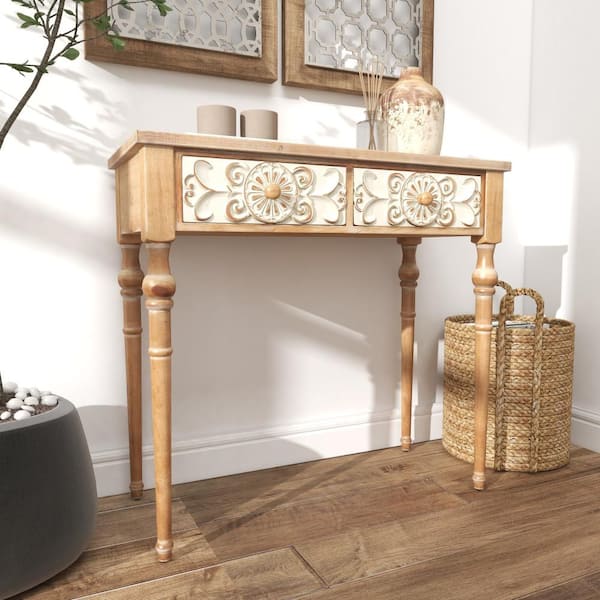 Litton Lane 36 in. Brown Extra Large Rectangle Wood Intricately Carved 2 Drawers Floral Console Table