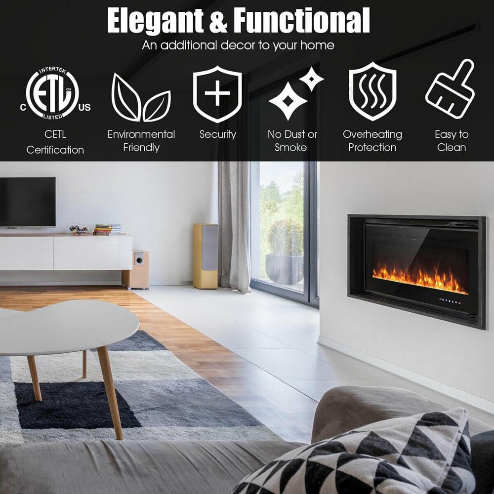 40-Inch Black Tempered Glass Electric Fireplace with Multi-Color Flames