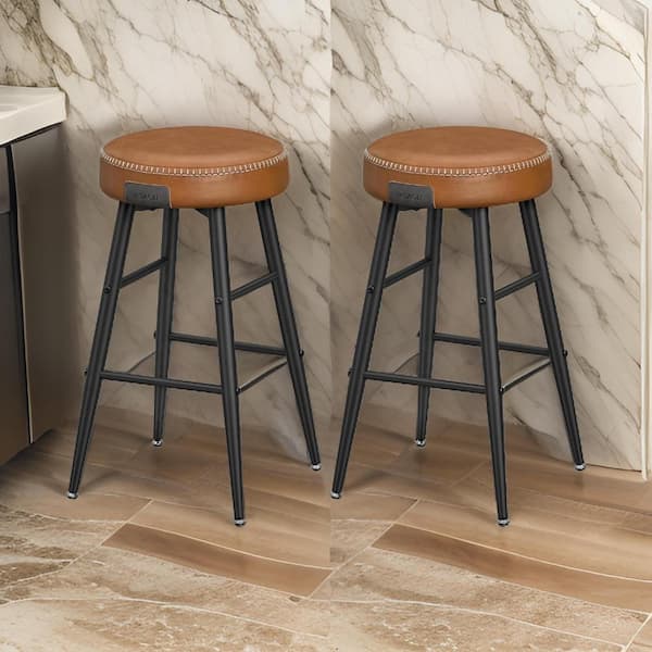 Benjara 24.8 in. Brown and Black Backless Wood Frame Bar Stool with Faux Leather Seat (Set of 2)