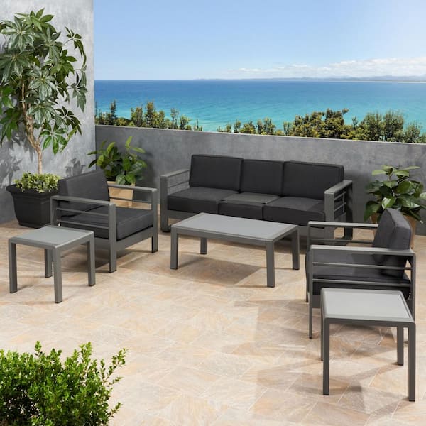 Noble House Cape Coral Grey 6-Piece Aluminum Patio Conversation Seating Set with Dark Grey Cushions