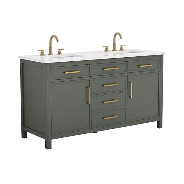 Cooper 60 in. W Bath Vanity in Vintage Green with Engineered Stone Top in Ariston White with White Sinks