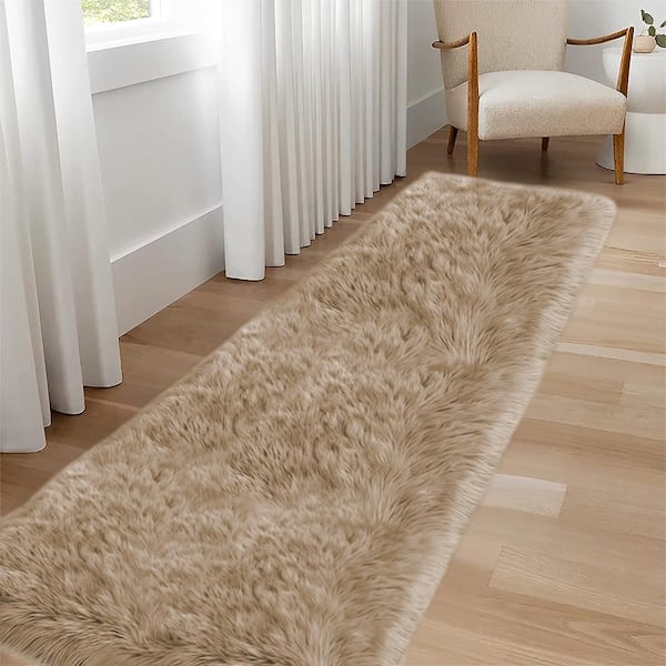 Faux Sheepskin Fur Furry Beige 2 ft. x 8 ft. Shaggy Fluffy Area Rug Runner Rug