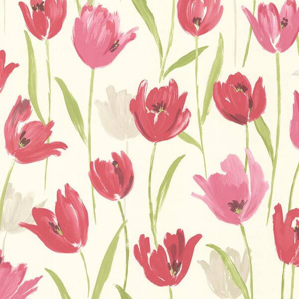 Brewster Finch Pink Hand Painted Tulips Pink Wallpaper Sample