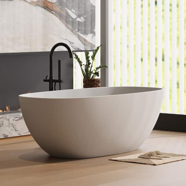 67 in. Stone Resin Flatbottom Freestanding Double Slipper Soaking Bathtub in White with Brass Drain