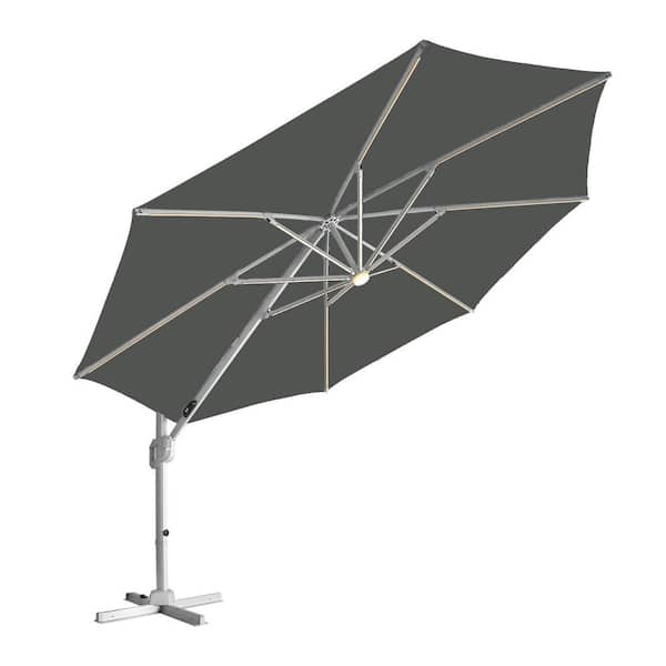 PASAMIC 12 ft. Aluminum Patio Offset Umbrella Cantilever Umbrella, Center light And Strip Lights in Dark Grey
