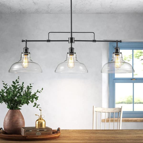 Amandev 3-Light Black Industrial Modern Linear Hat-Shaped Dome Clear Glass Pendant Light