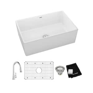 White Fireclay 30 in. Single Bowl Farmhouse Apron Kitchen Sink Kit with Faucet