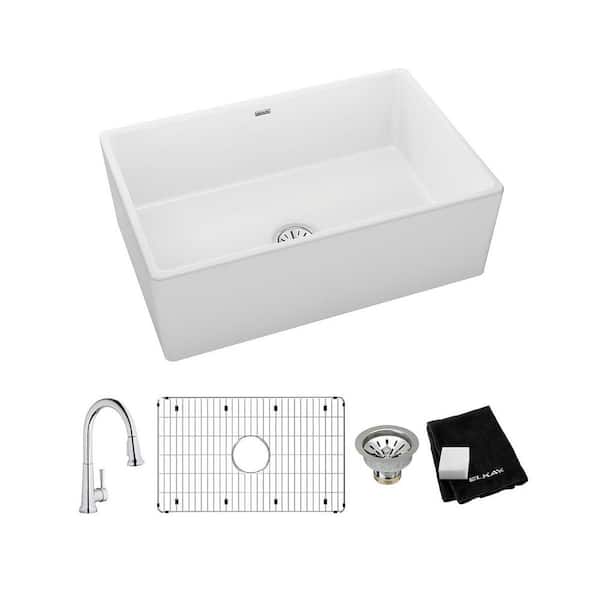 Elkay White Fireclay 30 in. Single Bowl Farmhouse Apron Kitchen Sink Kit with Faucet