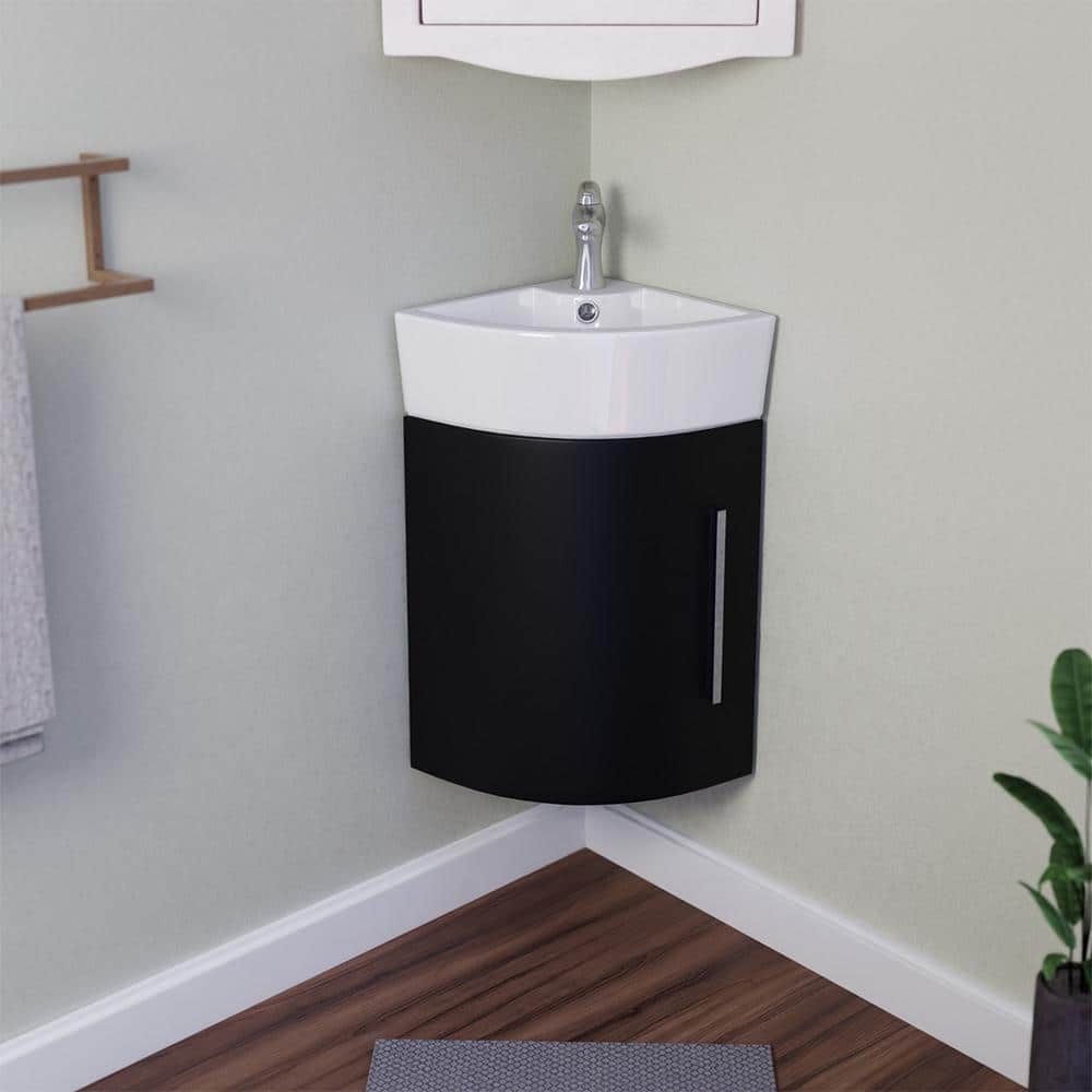 Myrtle Black and White Corner Wall-Mount Vanity Sink with Chrome Faucet