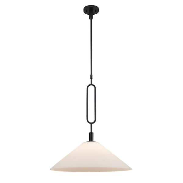Bel Air Lighting Lumidrop 22 in. 1-Light Black Hanging Pendant Light Fixture with White Opal Glass Shade