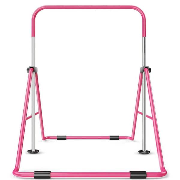 Adjustable Height 35-51 in. Pink Folding Gymnastics Bar for Kids with Pyramid Design and Adjustable Levels Trapeze Bar
