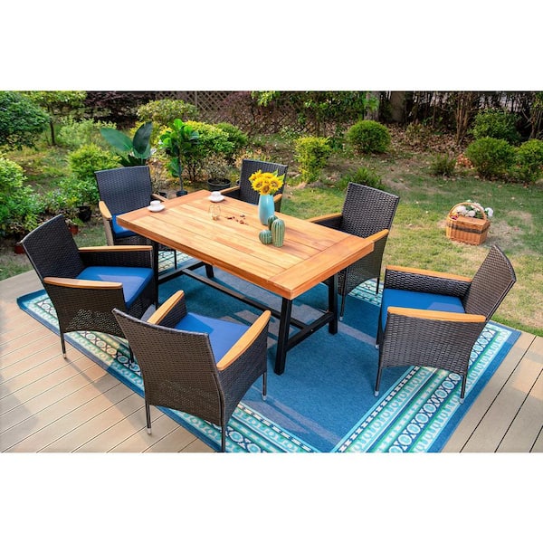 PHI VILLA Black 7-Piece Metal Patio Acacia Wood Outdoor Dining Set with ...