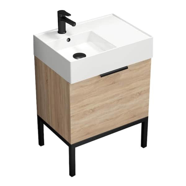 Nameeks Derin 23.6 in. W x 17.3 in. D x 34.64 in. H Modern Bathroom Vanity in Brown Oak With White Ceramic Top