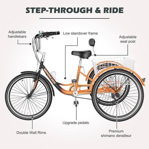 MOONCOOL 26 in. Adult Tricycle 3 Wheel Trike Low Stand-Over Frame Bike with  Shimano Derailleur, Large Rear Basket, Rose red X-P26-MH@HD - The Home Depot