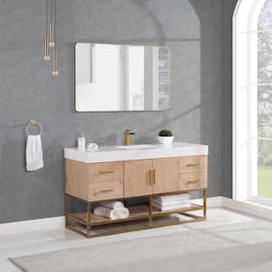 Bianco 60S in. W x 22 in. D x 34 in. H Single Sink Bath Vanity in Light Brown with White Composite Stone Top and Mirror