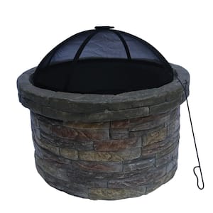 27 in. Outdoor Round Stone Wood Burning Fire Pit in Gray with Cover
