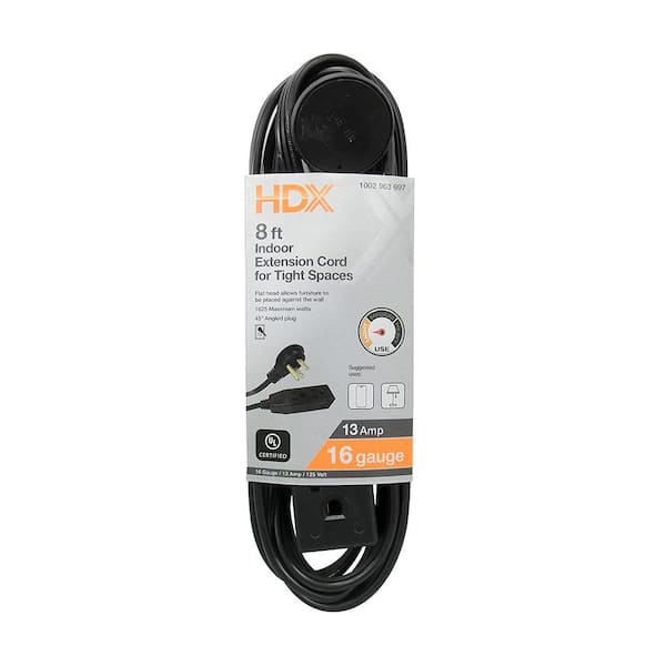 HDX 8 ft. 16/3 Light Duty Indoor Tight Space Extension Cord with Banana Tap, Black