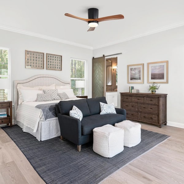 42 in. Matte Black 3 Wood Blades Flush Mount Ceiling Fan with LED Light and Remote Included for Any Room