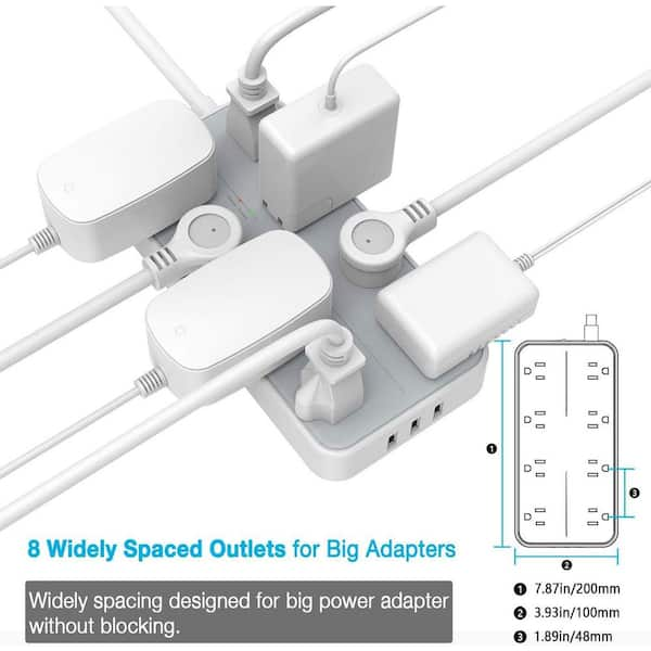 Etokfoks 10 ft. 4 AC Outlets Flat Plug Power Strip with 3 USB