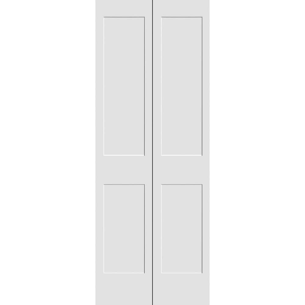 30 in. x 80 in. Solid Wood Primed White Unfinished MDF 2-Panel Shaker Bi-Fo