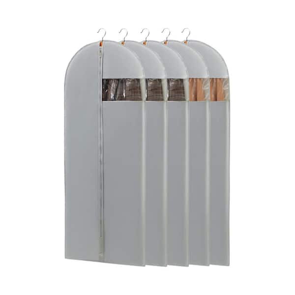 65 in. Grey Garment Bag, 5-Pack Waterproof PEVA Dress Cover with Clear Window and Smooth Zipper, Foldable for Travel