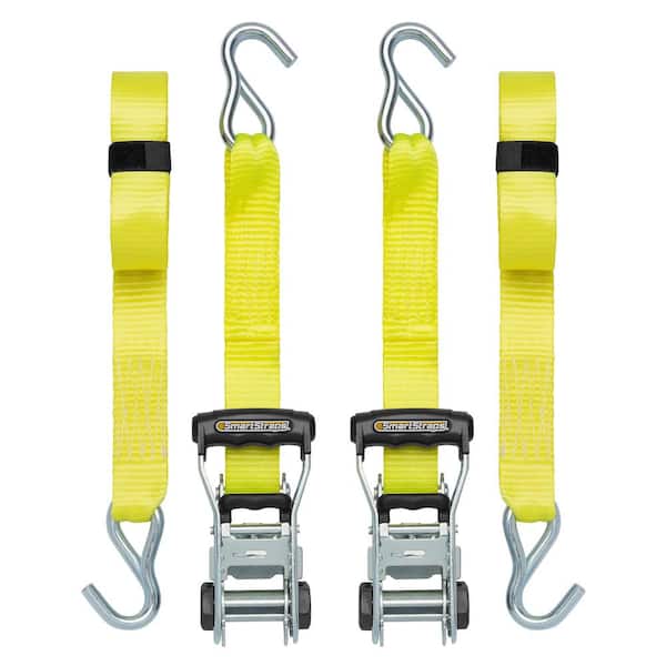 14 ft. Yellow Ratchet Tie Down Straps with 1,667 lb. Safe Work Load - (2-Pack)