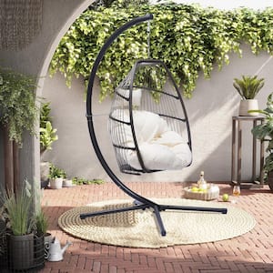 78 in. C Type Bracket Outdoor Patio Wicker Rattan Steel Swing Chair with Beige Cushion and Pillow