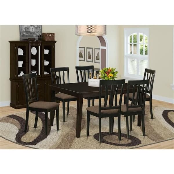 7-Piece Rectangle Cappuccino Finish Solid Wood Top Dining Table with 6 Chairs with Lattice Back