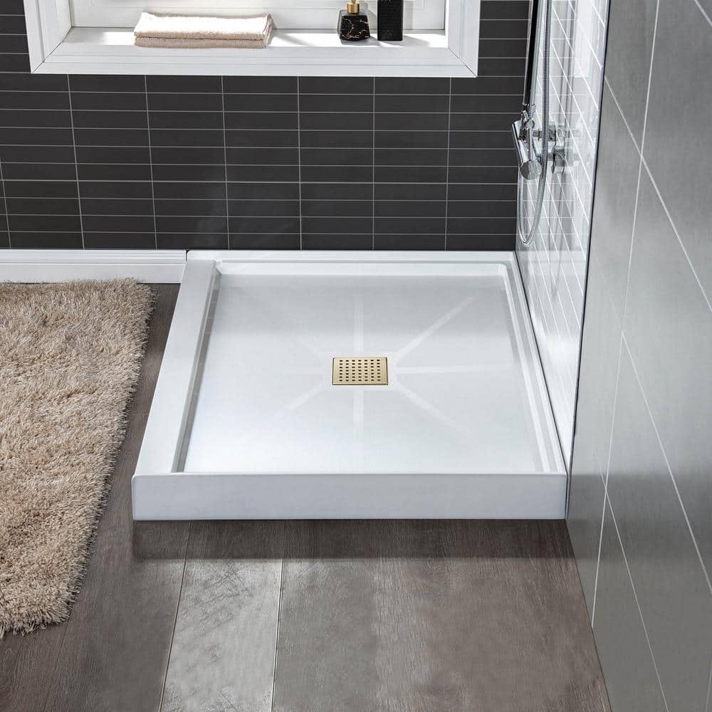36" White Solid Surface Shower Pan Base with Brushed Gold Drain Cover