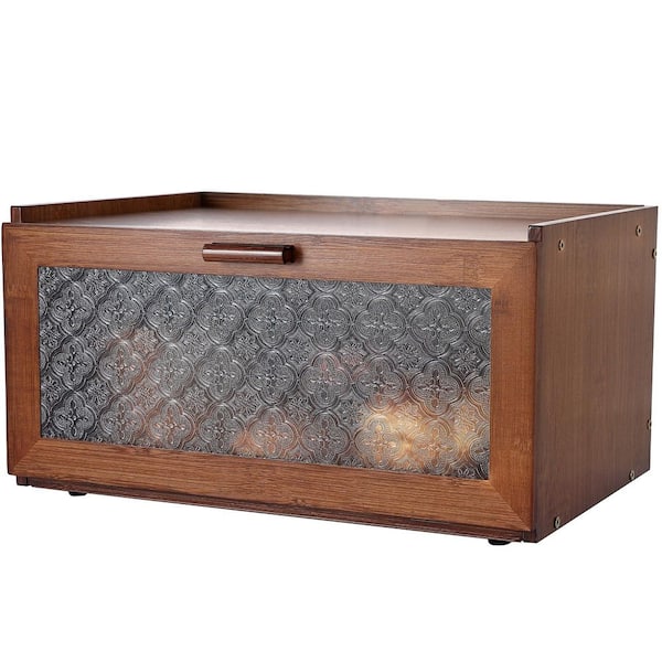 1-Piece Modern Retro Brown Bamboo Kitchen Bread Box with Window Set for Kitchen Countertop Farmhouse Vintage Decor