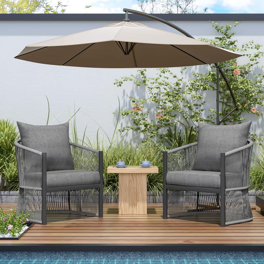 Modern Gray Curved Aluminum Lounge Chair with Rope-Weave Design and Cushion
