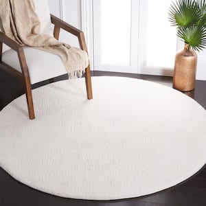 Faux Rabbit Fur Off White 6 ft. x 6 ft. Machine Washable High Low Solid Color Round Area Rug