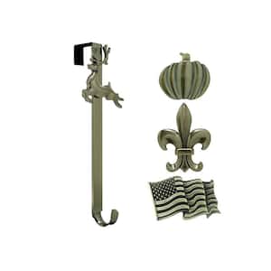 15.75 in. Artificial Antique Brass Adjustable Wreath Hanger with Flag, Reindeer, Pumpkin, and Fleur De Lis Icons