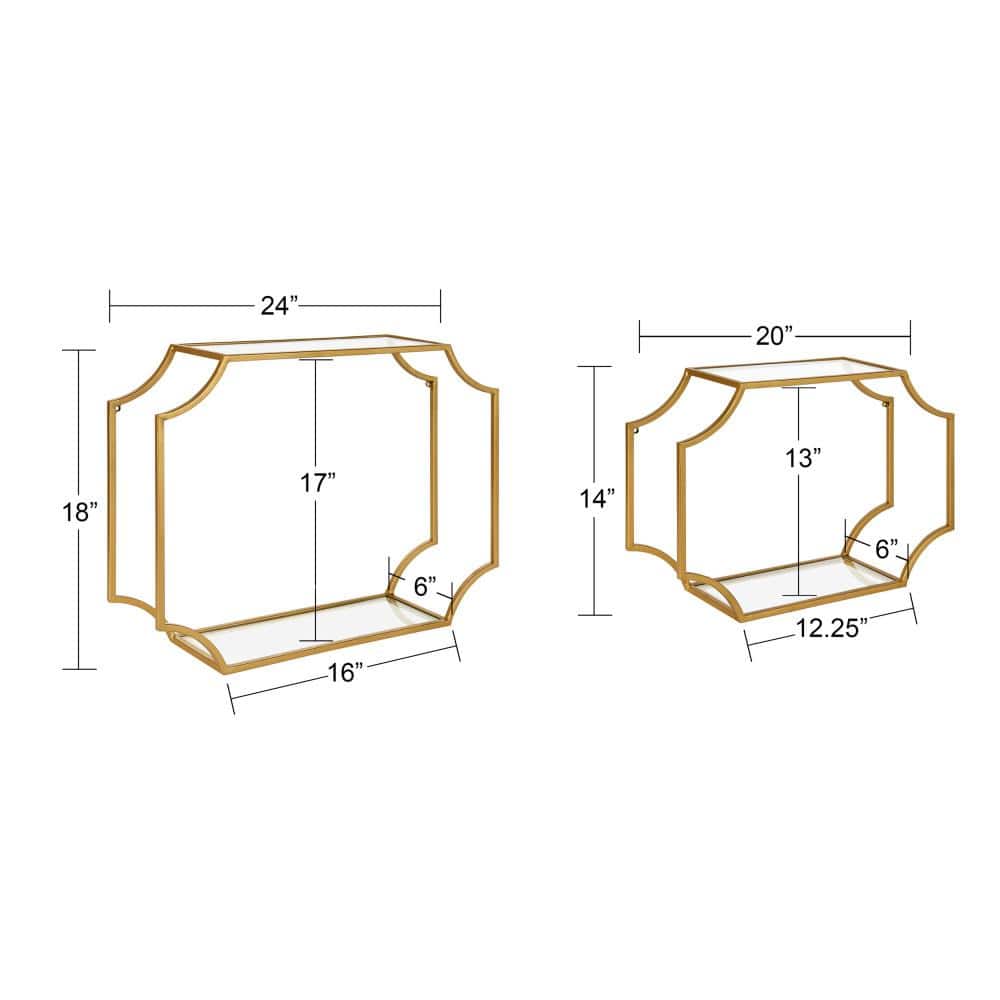 Gold Metal and Glass Floating Wall Shelf Set