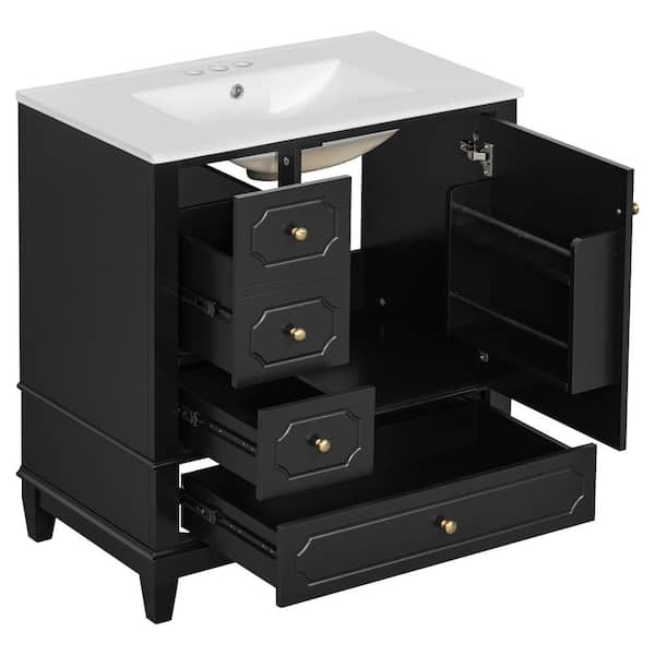 30 in. W Single Sink Freestanding Black Bath Vanity with White Ceramic Top and Soft-Close Door Unassembled