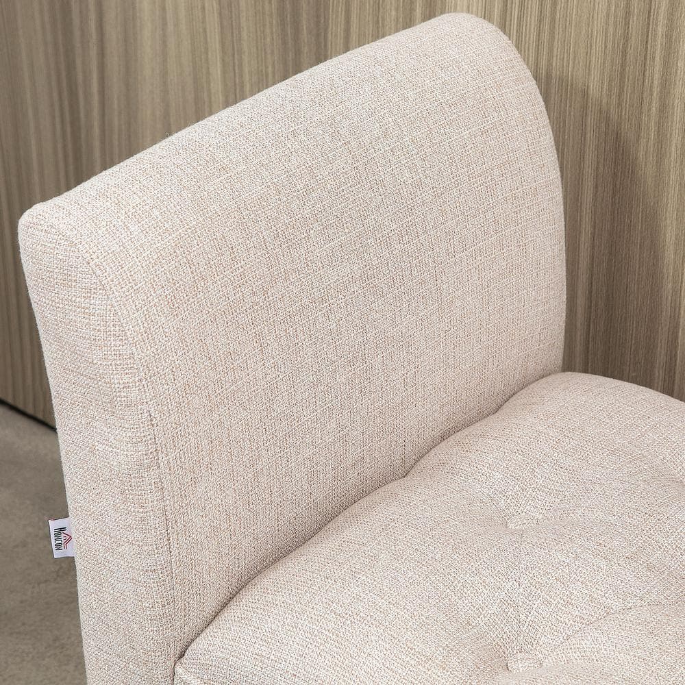 Beige Upholstered Bench with Flared Arms and Wood Legs