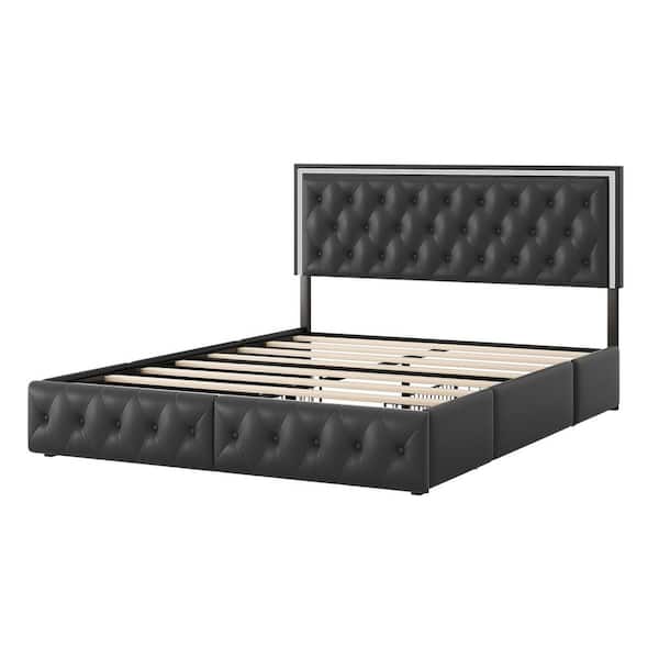 HOMEFUN Dark Gray PU Leather Upholstered Metal Bed Frame Queen Platform Bed Frame with 4 Storage Drawers and LED Headboard