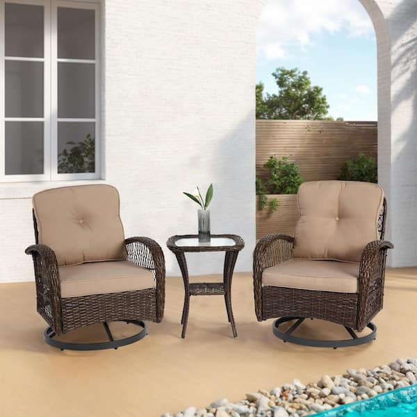 Unbranded 3-Piece Wicker Outdoor Rocking Chair Set, 360° Patio Swivel Rocking Chair with Glass Coffee Table, Khaki Cushions