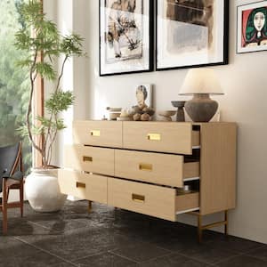 Yellow Wooden Grain 6 Drawers 55 in. W Chest of Drawers, Dresser, Storage Cabinet without Mirror