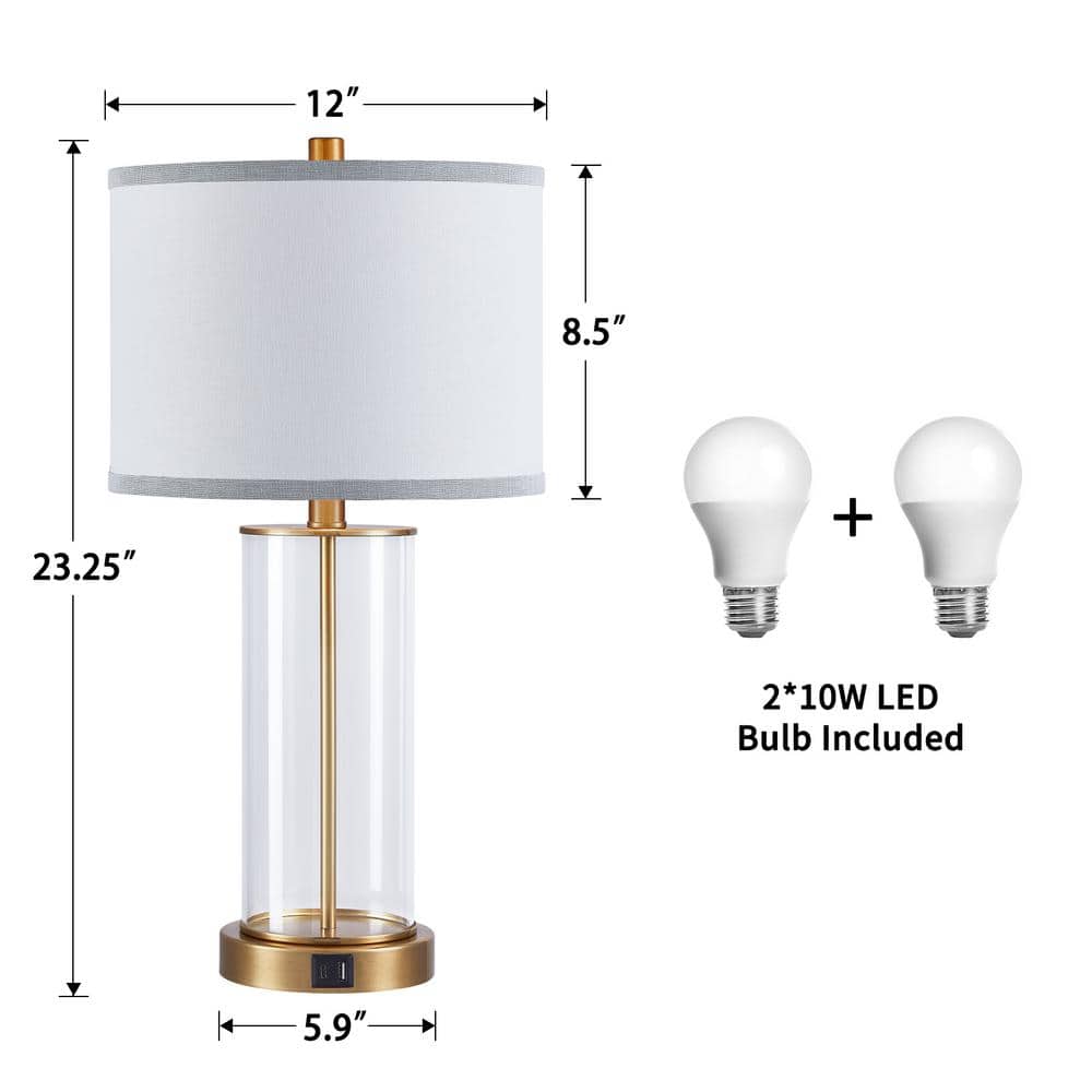 23.25" Clear Glass and Antiqued Brass Table Lamp Set with USB Ports