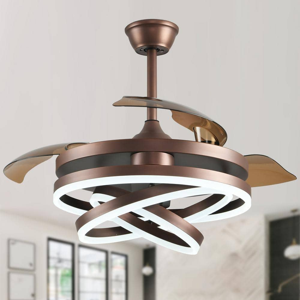 42 in. DIY Shade Indoor Brown Reversible Blades Integrated LED Ceiling Fan with Remote and Light Kit -  Bella Depot, DC4264-Z