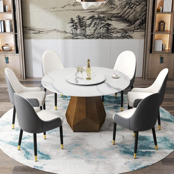 Magic Home 53 in. White Circular Rotable Sintered Stone Tabletop with Lazy Susan Pedestal Base Kitchen Dining Table (Seats-6)
