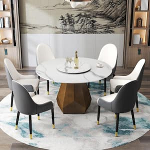 53 in. White Circular Rotable Sintered Stone Tabletop with Lazy Susan Pedestal Base Kitchen Dining Table (Seats-6)