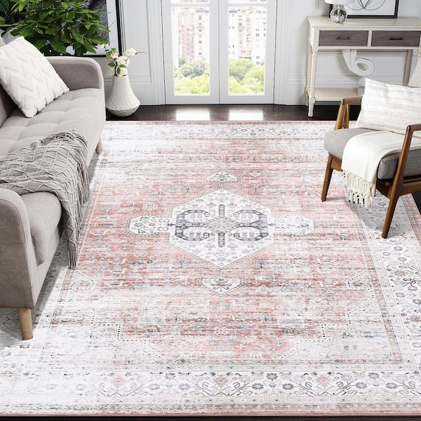 Machine Washable Carpet Retro Print Rug Anti-fouling and Anti-slip for Bedroom Living Room Office Light Orange，9*12ft
