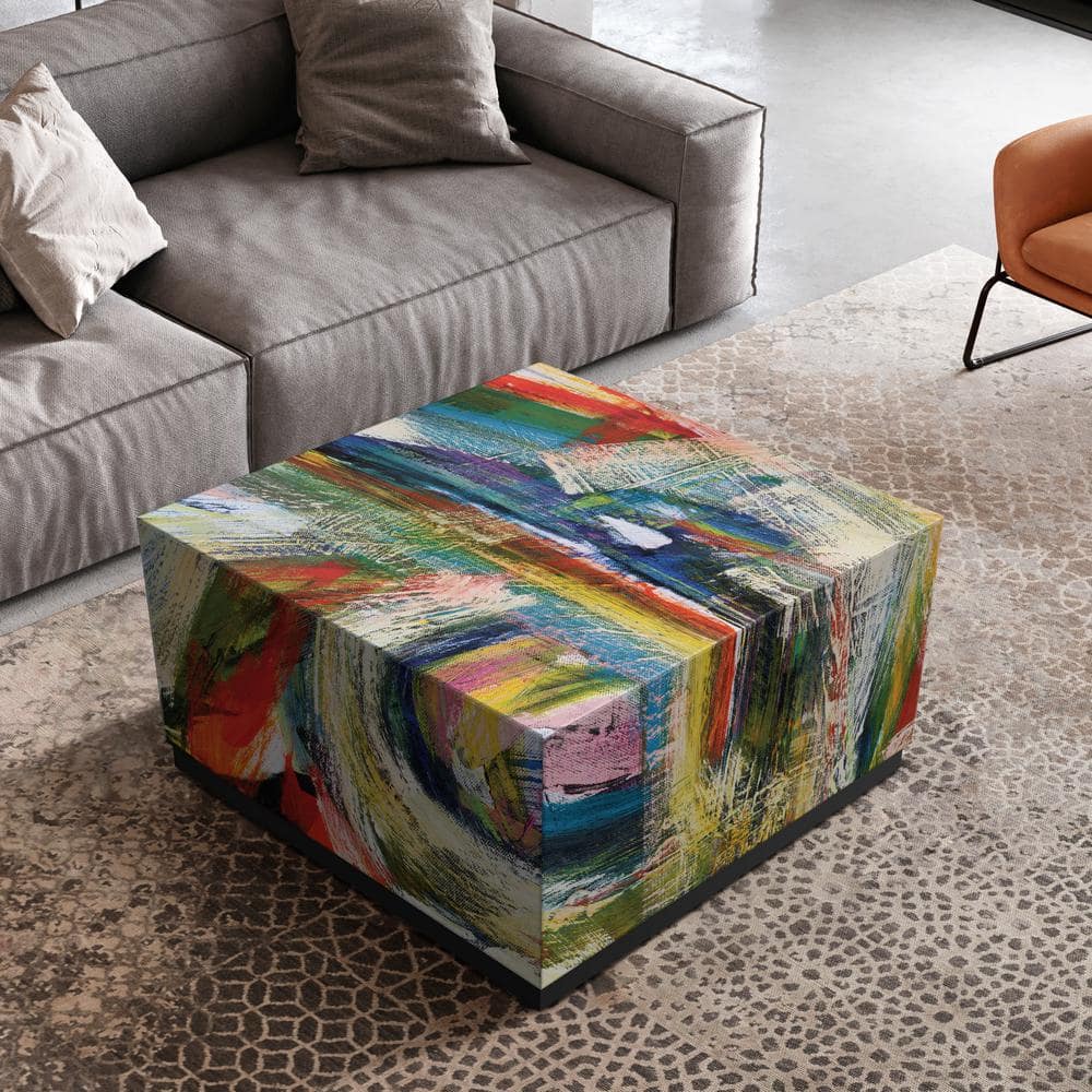 Abstract Multicolor Glass and Wood Cocktail Table