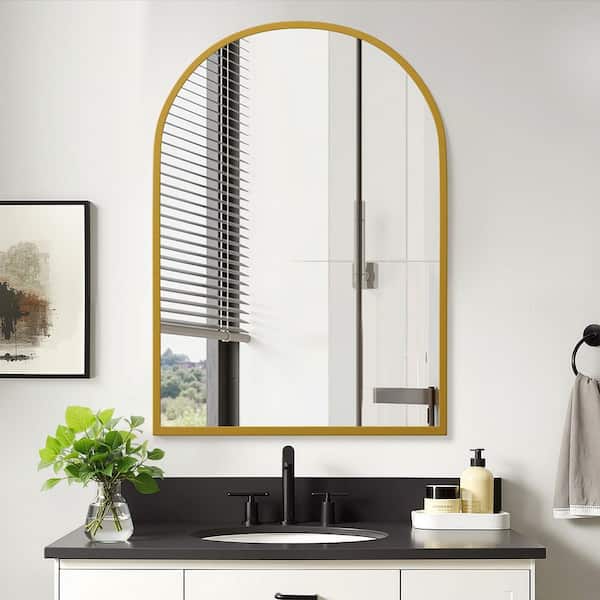 Gold 29 in W x 39 in. H Modern Rounded Arched Mirror Cabinet Iron Framed Mirror