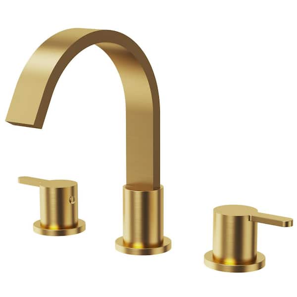3-Hole Waterfall 8 in. Widespread Double Handle High-Arc Spot Resist Bathroom Sink Faucet with Drain in Brushed Gold