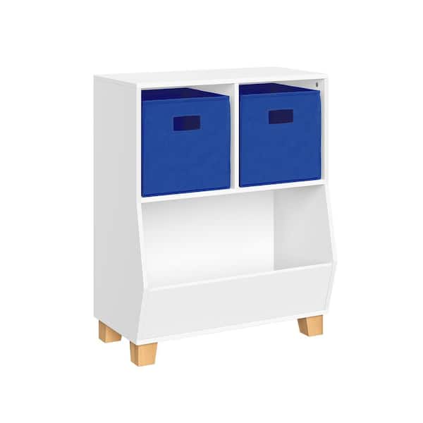 29.1 in. H x 23.6-in. W x 13.31 in. D White MDF Catch-All Toy Organizer with 2-Cubbies, 2-Compartments and 2-Blue Bins